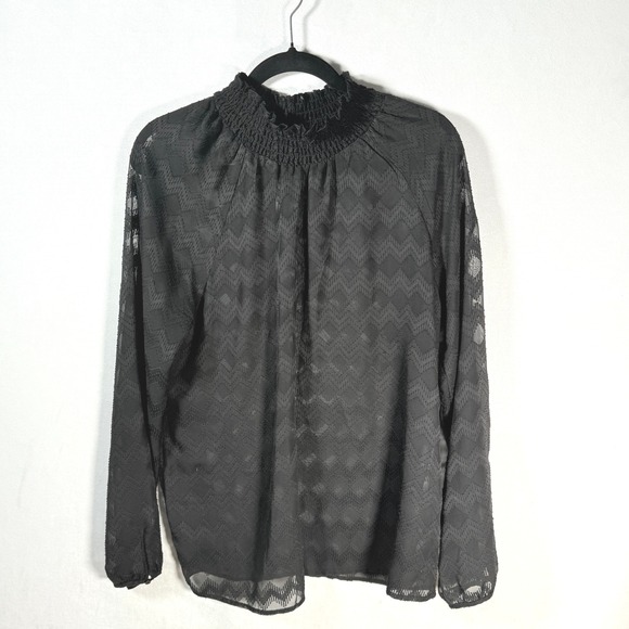 Tops - mossimo Black Sheer Mock Neck‎ Zig Zag Pattern Large Long Sleeve Top whimsigoth